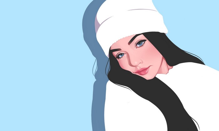 Artwork of a woman with dark hair and a white beanie