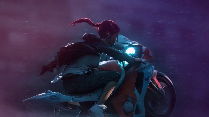 Anime girl riding a futuristic motorcycle