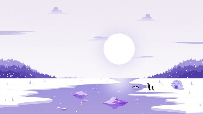 Arctic landscape with penguins and igloo