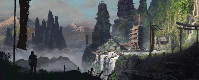 Fantasy landscape with warrior and Asian temples