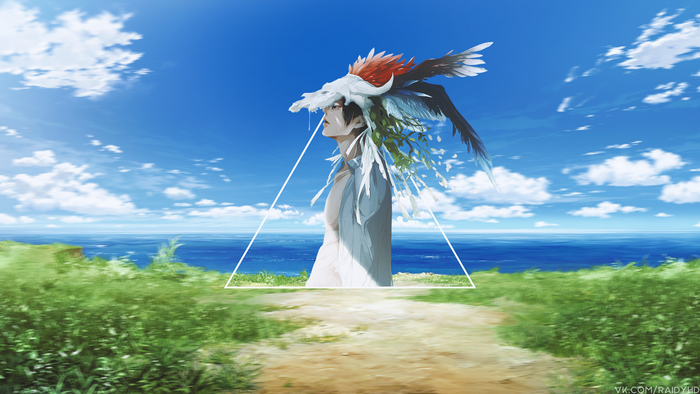 Anime boy with bird headdress by the sea