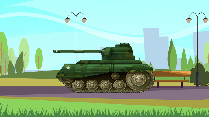 Cartoon tank in a park with trees and buildings