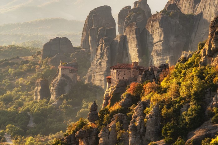 Meteora monasteries perched on rock formations in Greece
