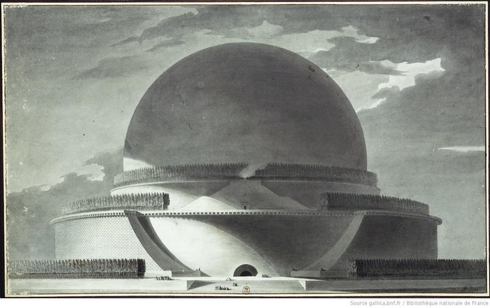 Architectural drawing of a monumental spherical building