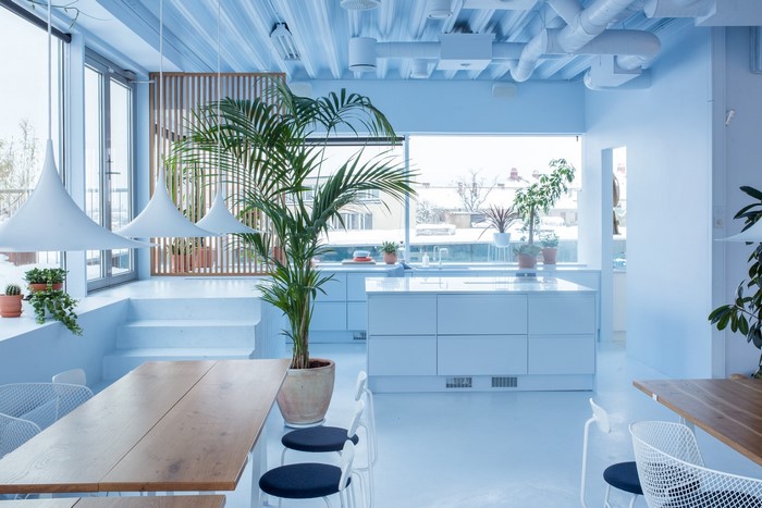 Modern blue kitchen with island and dining table