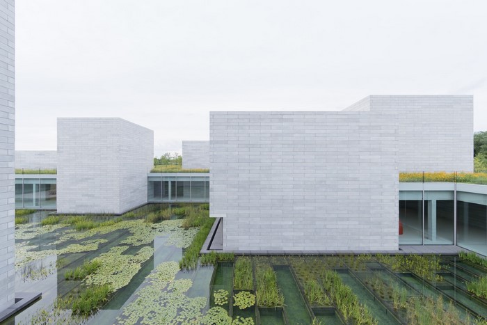 Modern architecture with water features and greenery