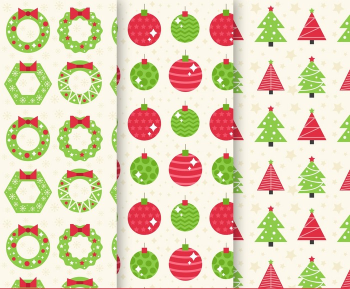 Christmas patterns with wreaths, ornaments, and trees