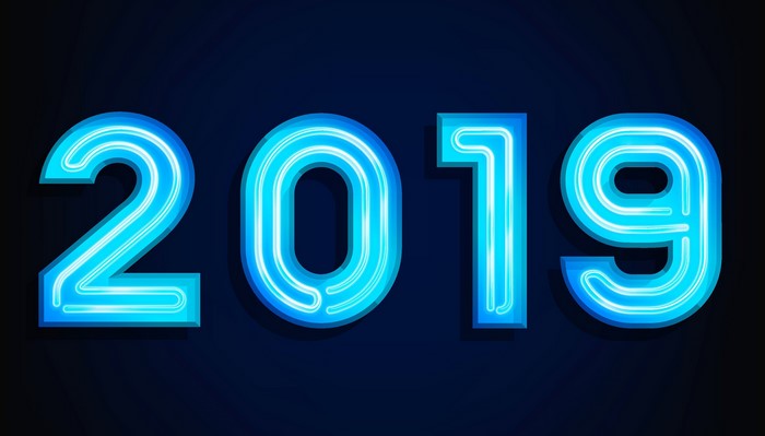Neon blue numbers 2019 on dark background
