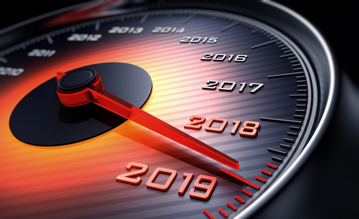 Speedometer showing years 2010-2019