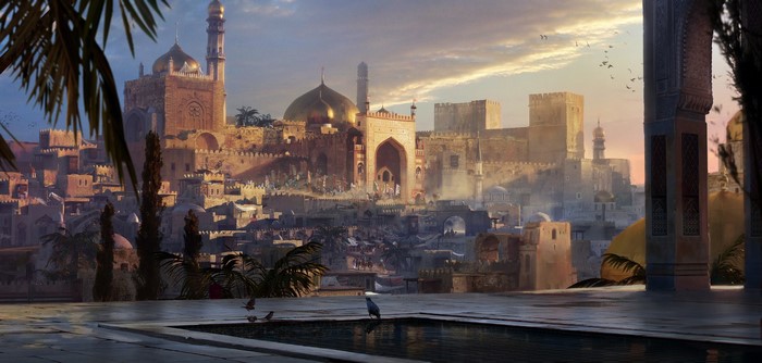 Artwork of an Arabian city with a golden domed mosque
