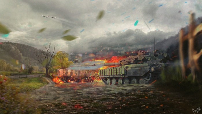 Artwork of tanks in a fiery battlefield with planes overhead