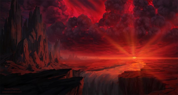 Digital artwork of a dramatic red sunrise over a rocky landscape