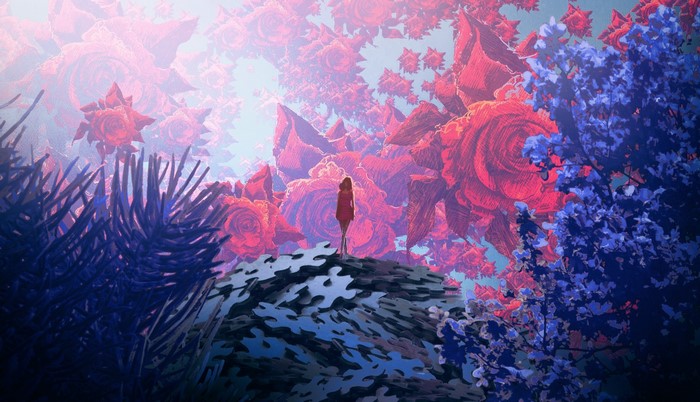 Woman standing on puzzle pieces in a fantasy rose landscape