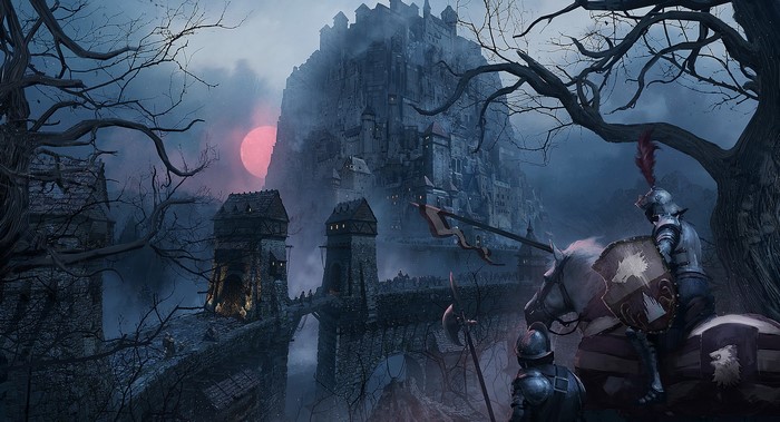 Knight on horse approaching a fantasy castle