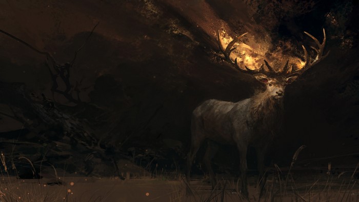 Digital art of a deer with fiery antlers