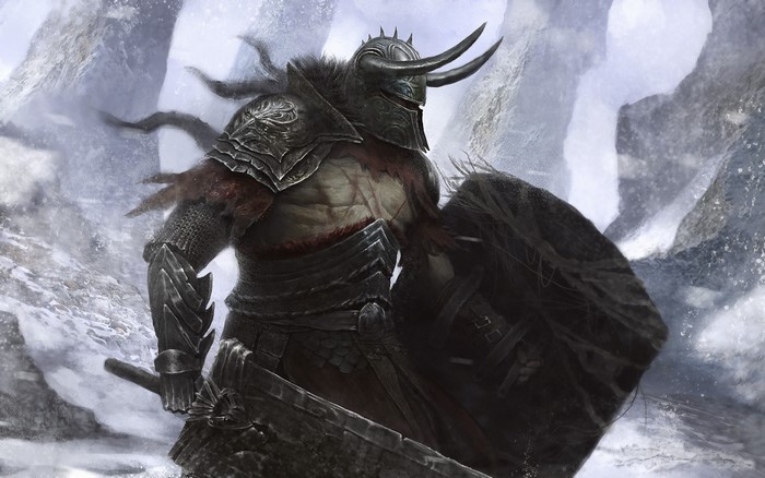 Armored warrior with horns in a snowy landscape
