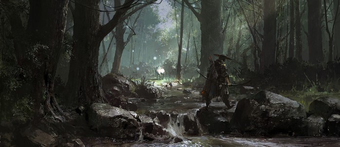 Warrior with bow encounters deer in a misty forest river