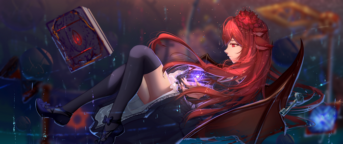 Anime girl with red hair and wings holding magic