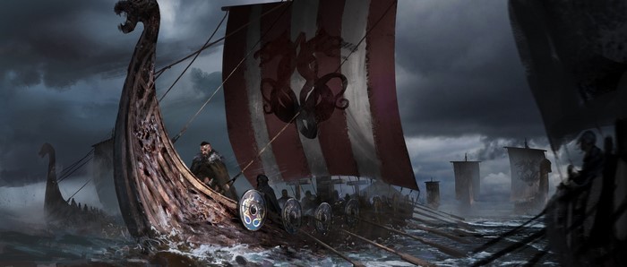 Viking longships sailing on a stormy sea
