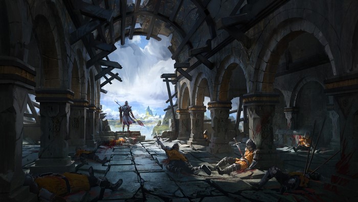 Medieval Warrior and Fallen Soldiers in Palace Ruins