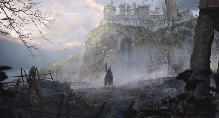 Knight on horseback approaches a fantasy castle on a cliff