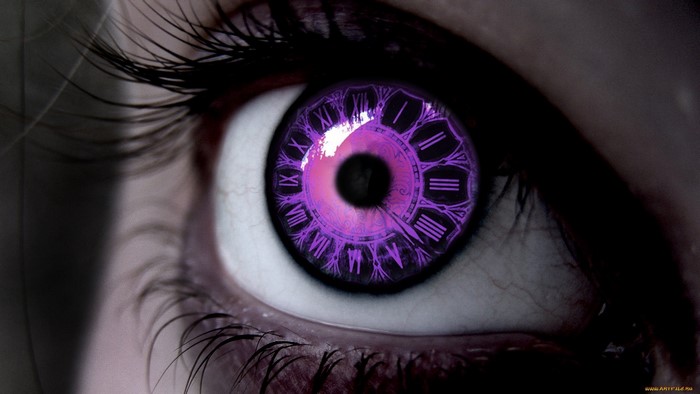 Close-up of a purple eye with a clock face iris