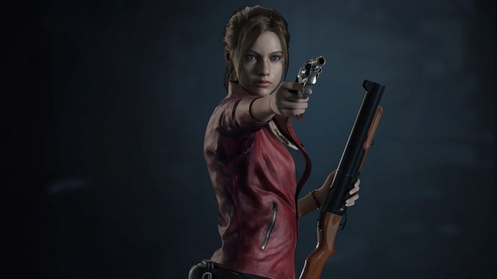 Claire Redfield from Resident Evil holding a handgun and shotgun