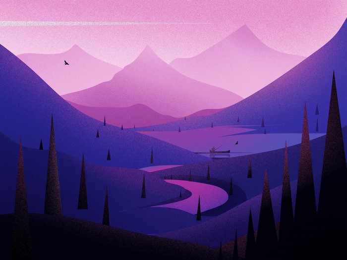 Digital art landscape of mountains and a lake with a fisherman
