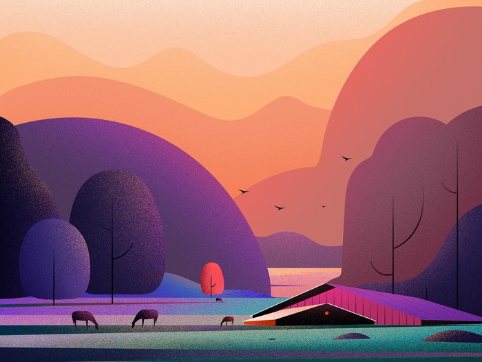 Stylized landscape with rolling hills and a modern house