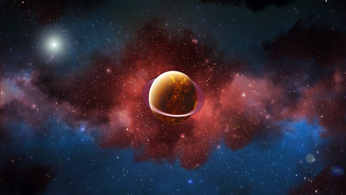 Planet with rings in colorful nebula and stars