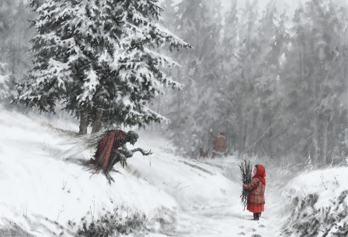 Creature and girl in a snowy forest