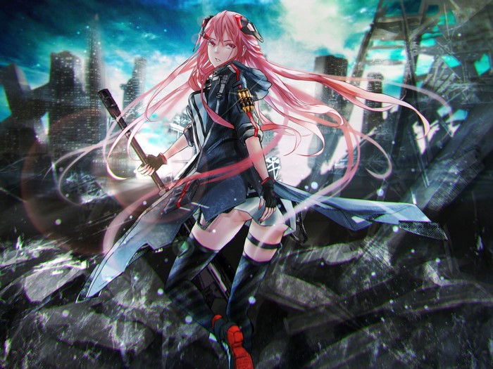 Anime girl with pink hair holding a sword in a ruined city