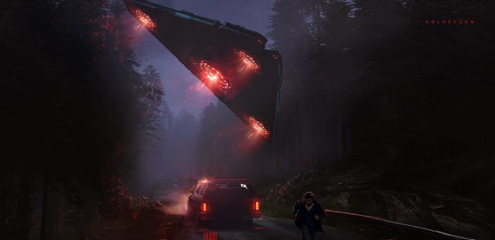 UFO hovering over a road in a dark forest