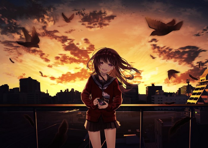 Anime girl with camera on rooftop at sunset