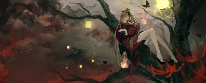 Anime girl in kimono sitting on a tree with lanterns