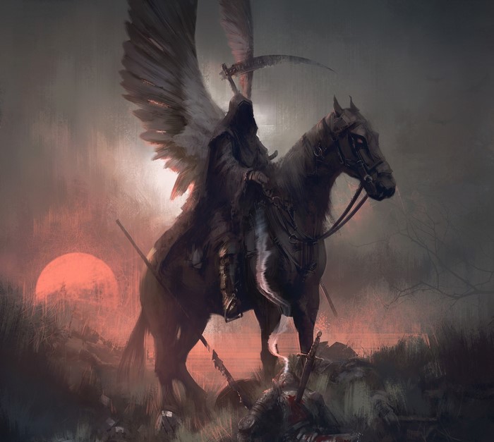 Grim Reaper on horseback with wings and scythe