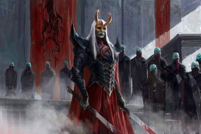 Warrior with mask and horns holding swords