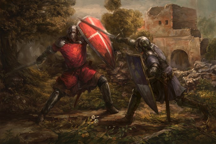 Two knights in armor fighting with swords and shields
