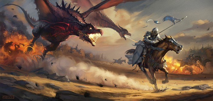 Knight on horseback battles dragons in a fiery landscape