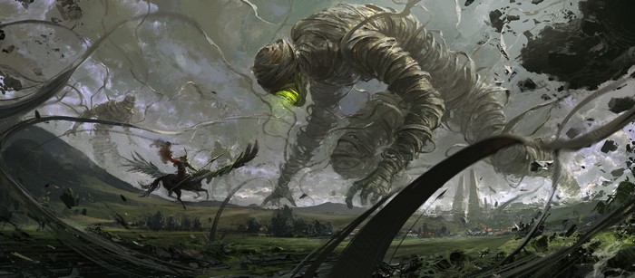 Warrior on winged horse fights giant mummies in a field