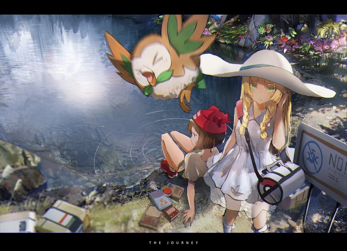 Lillie and May with Rowlet by a lake in Pokémon