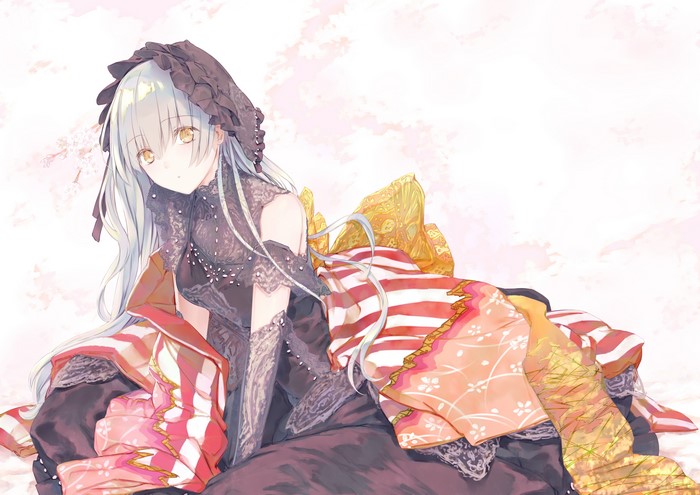 Anime girl with silver hair and yellow eyes in gothic lolita dress