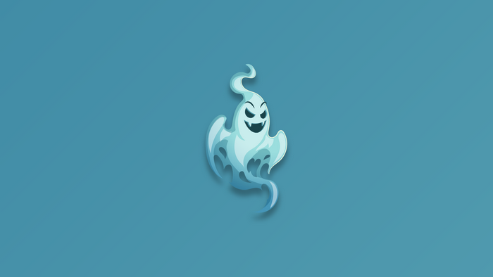 A cartoon ghost with fangs on a blue background