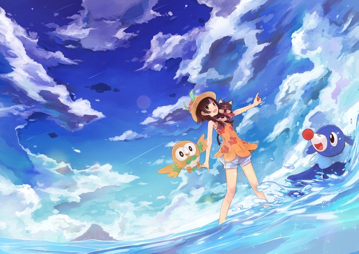 4K anime girl with Pokémon on a wave