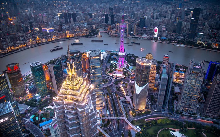 Aerial view of Shanghai skyline at dusk