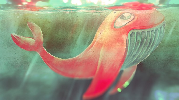 Red whale swimming underwater in a painting
