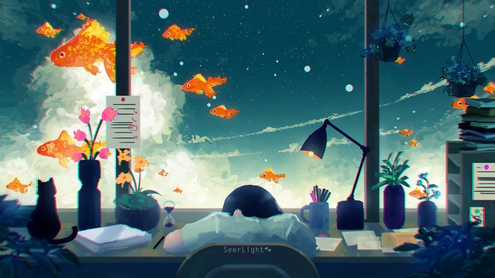 Anime desk with sleeping person, cat, and flying fish