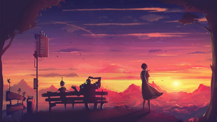 Robots and girl watching sunset with mountains