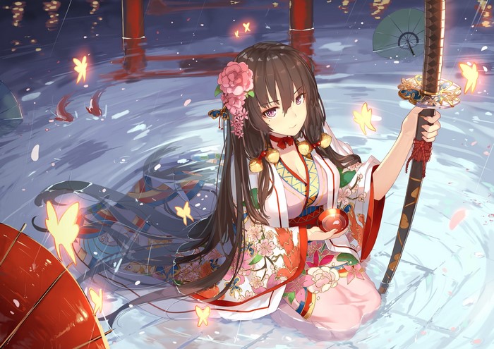 Anime girl in kimono holding a katana in water