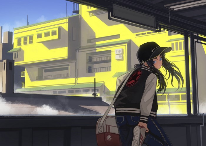 Anime girl with dark hair and blue eyes wearing a baseball cap